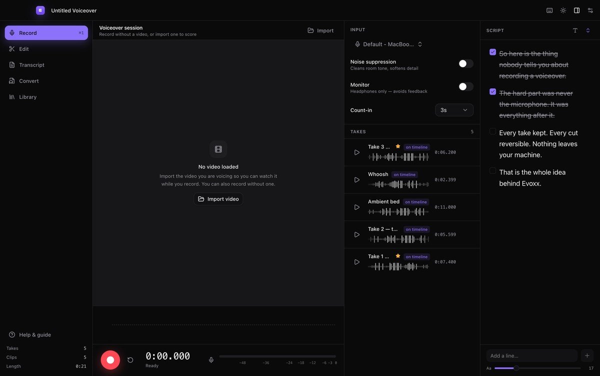The record view with live metering and teleprompter
